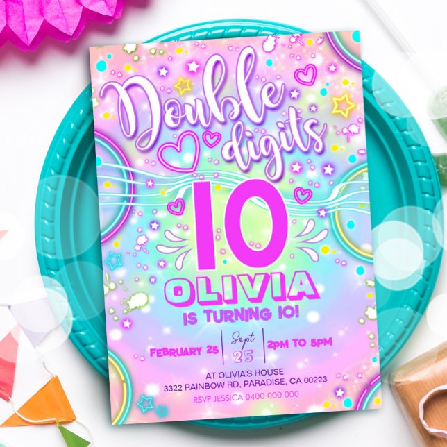 Neon 10e anniversaire Invitation Double chiffres (Neon Double Digits 10th Birthday Invitation)