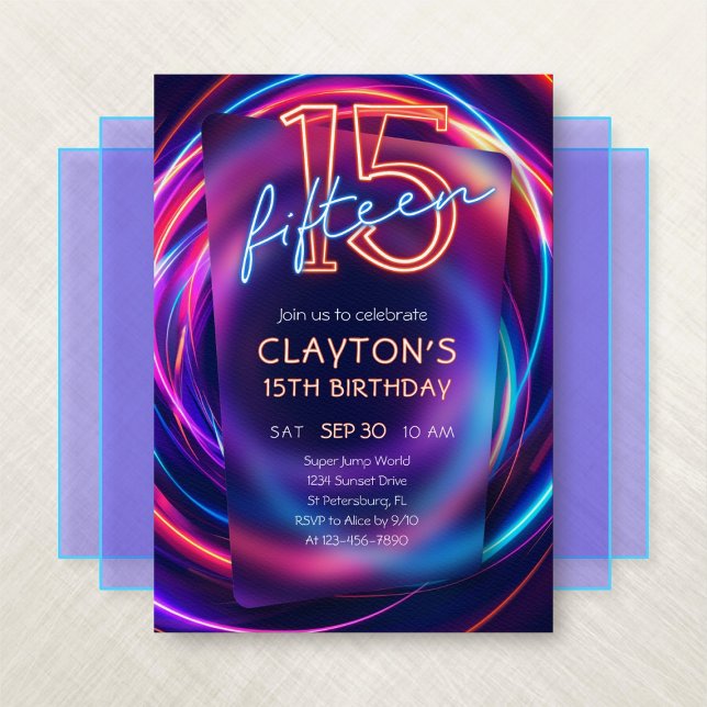 Neon 15th Birthday Invitation (Créateur téléchargé)