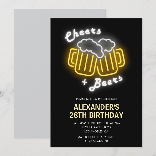 Neon 28e anniversaire invitation Cheers and Beers (Devant / Derrière)