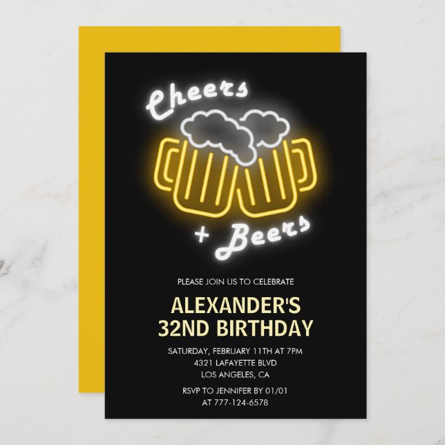 Neon 32e anniversaire invitation Cheers and Beers (Devant / Derrière)