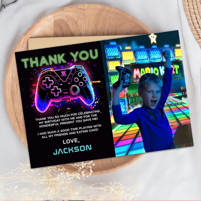 Neon Arcade Jeu Anniversaire Photo Carte de remerc (Créateur téléchargé)