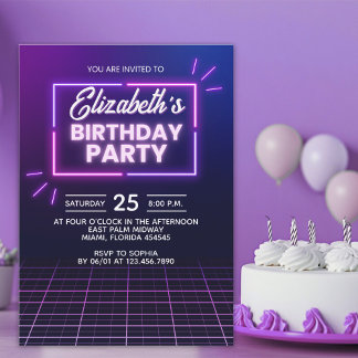 Neon Birthday Party Invitation Modern Glow Frame