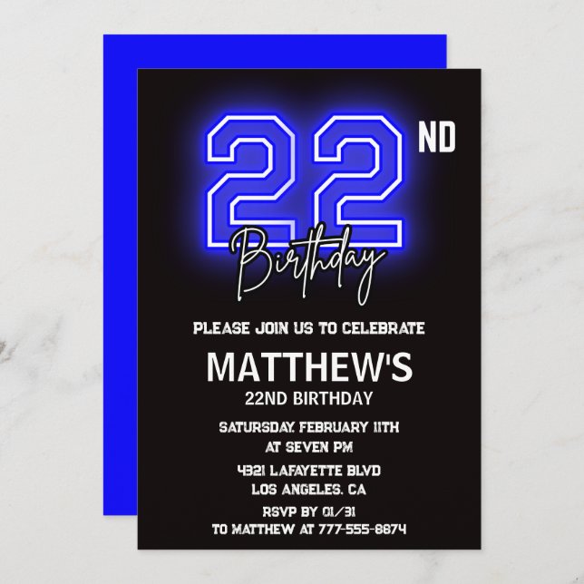 Neon Black 22e anniversaire invitations Hommes Spo (Devant / Derrière)