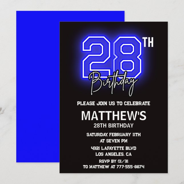 Neon Black 28e anniversaire invitations Hommes Spo (Devant / Derrière)