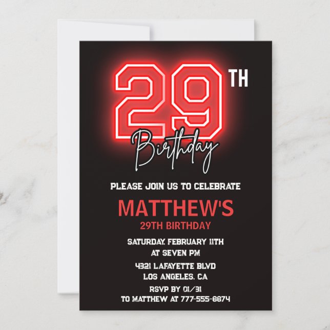 Neon Black 29e anniversaire invitation Hommes anni (Devant)