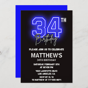 Neon Black 34e anniversaire invitations Hommes Spo