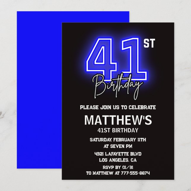 Neon Black 41e anniversaire invitations Hommes Spo (Devant / Derrière)
