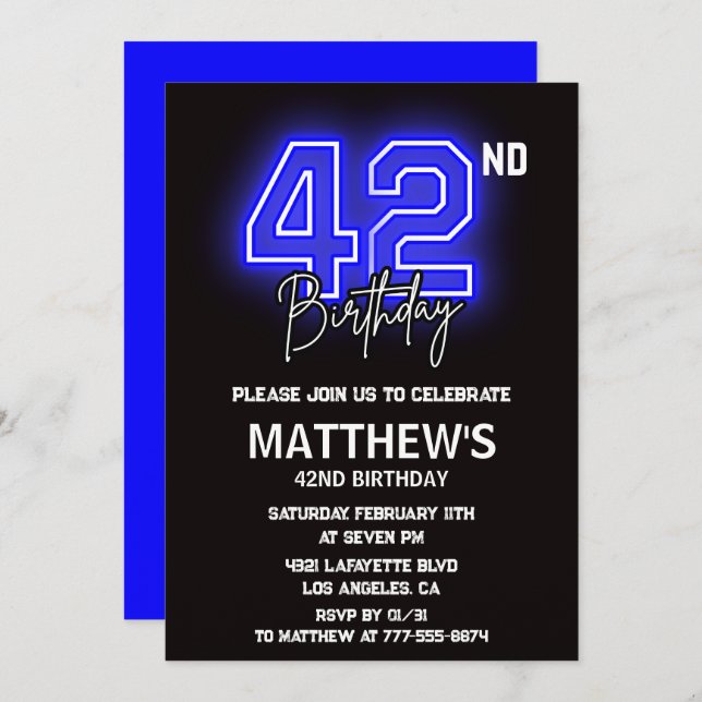 Neon Black 42e anniversaire invitations Hommes Spo (Devant / Derrière)