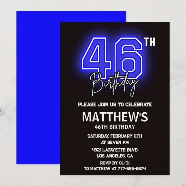 Neon Black 46e anniversaire invitations Hommes Spo (Devant / Derrière)