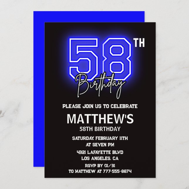 Neon Black 58e anniversaire invitations Hommes Spo (Devant / Derrière)