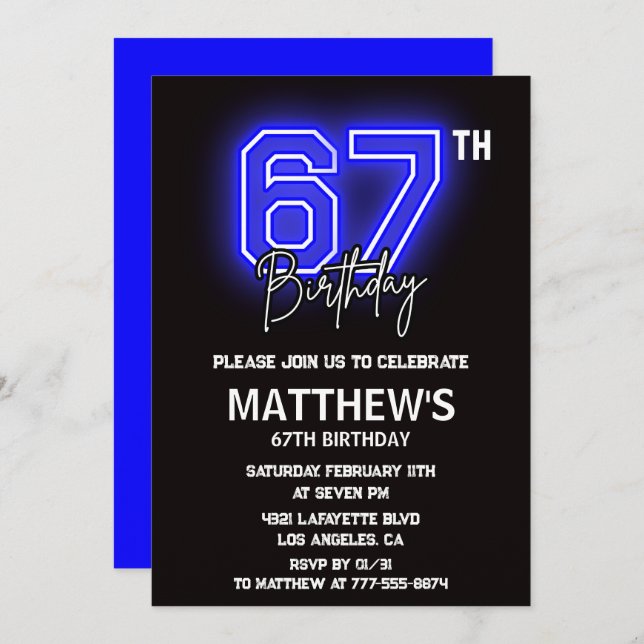 Neon Black invitations pour 67e anniversaire Men S (Devant / Derrière)