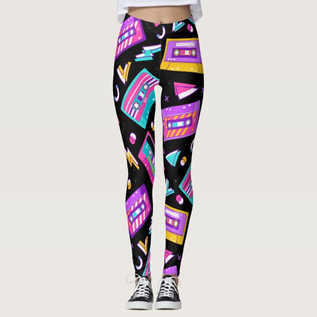 Neon & Black Trendy 80's Cassette Music Leggings (Devant)