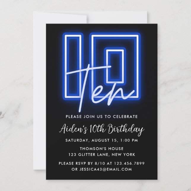 Neon Blue 10th Birthday Invitation (Devant)