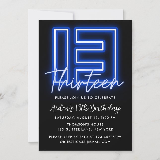 Neon Blue 13e anniversaire Invitation (Devant)