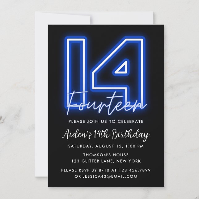 Neon Blue 14th Birthday Invitation (Devant)