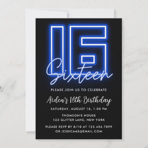Neon Blue 16e anniversaire Invitation