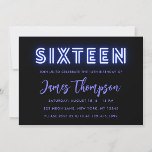 Neon Blue 16e anniversaire Invitation
