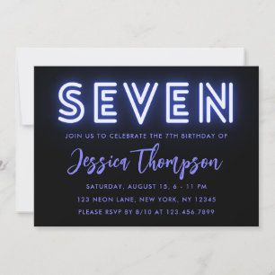 Neon Blue 7th Birthday Invitation