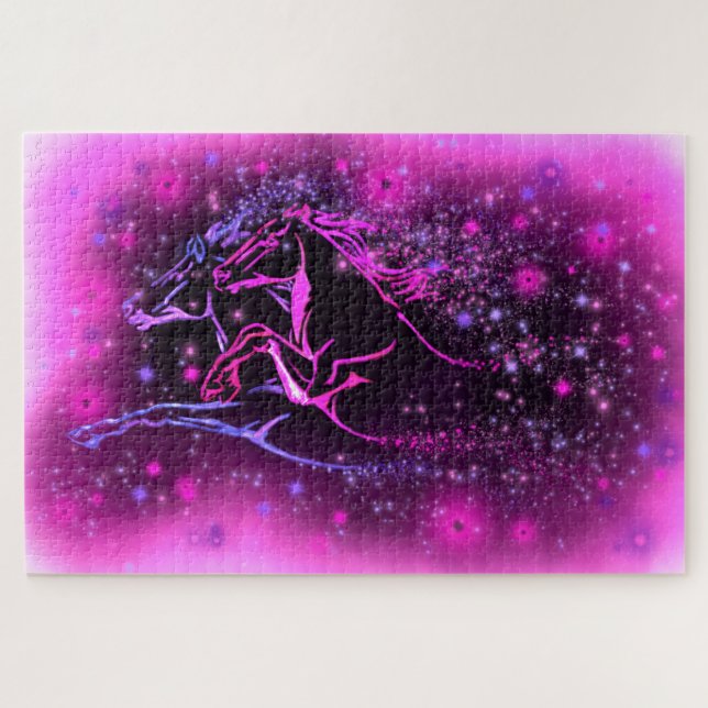 Neon Blue Rose Pair Horses Courir Jigsaw Puzzle (Horizontal)