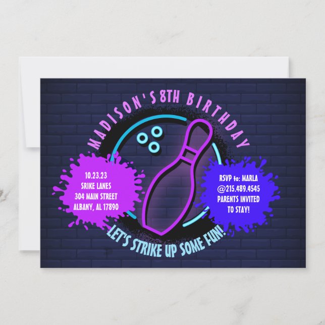 NEON BOWLING BALL ROUND Anniversaire Fête Invitati (Devant)