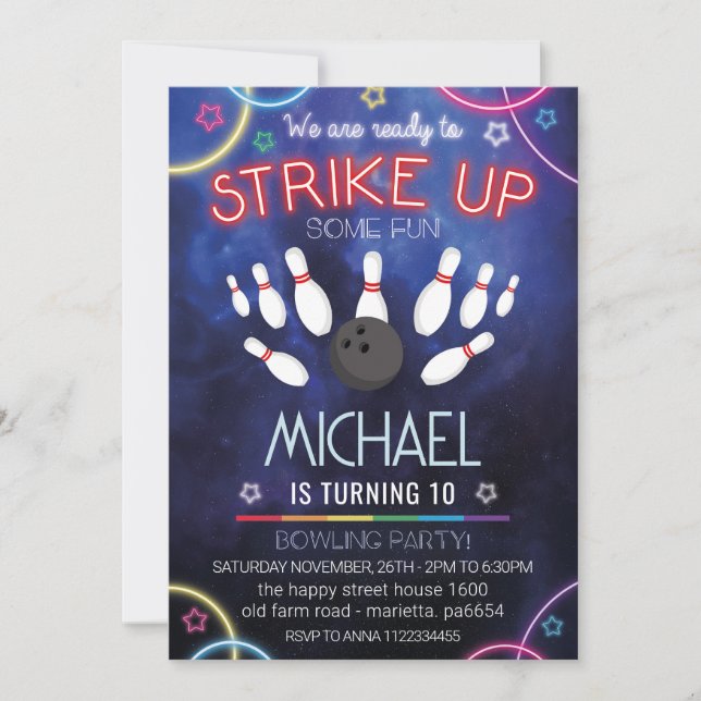 Neon Bowling Invitation for Birthday Party Retro (Devant)