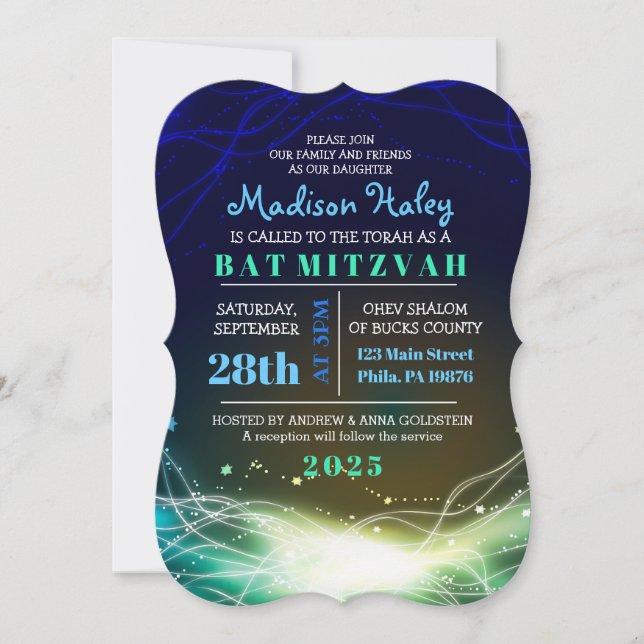 Neon brillant Stars Bar Mitzvah bleu Invitation (Devant)