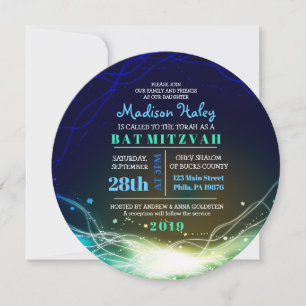 Neon brillant Stars Bar Mitzvah bleu Invitation