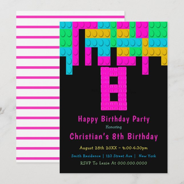 Neon Building Blocks Invitations 8e anniversaire (Devant / Derrière)