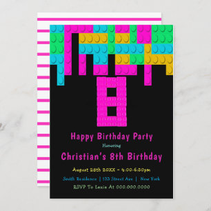 Neon Building Blocks Invitations 8e anniversaire