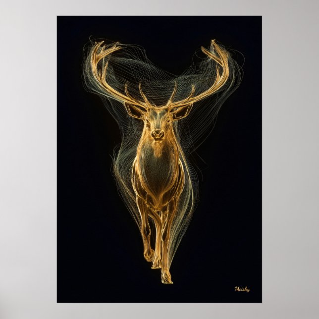 Néon Cerf Doré Art Mural Filamenteux Futuriste (Devant)