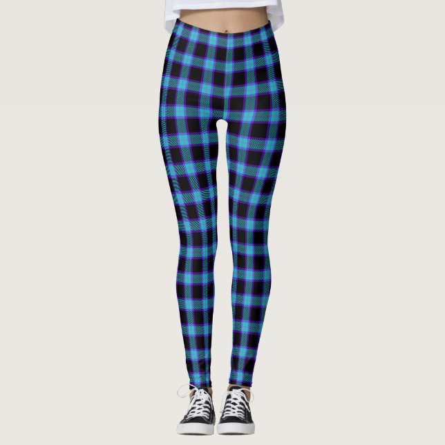 Neon Cerulean Blue Plaid Leggings Punk Goth Emo (Devant)