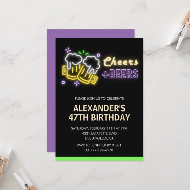 Neon Cheers Beer Black 47e anniversaire invitation (Devant/Arrière en situation)