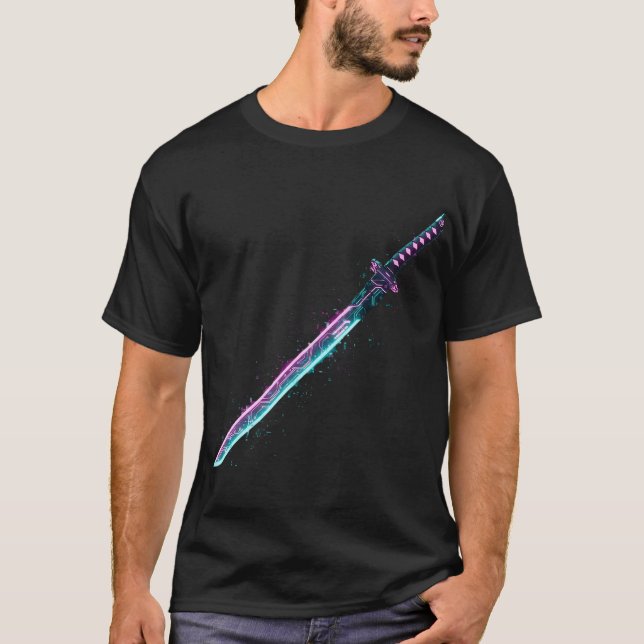 ​Neon Cyber-Katana: Digital Blade Tech T-Shirt (Devant)