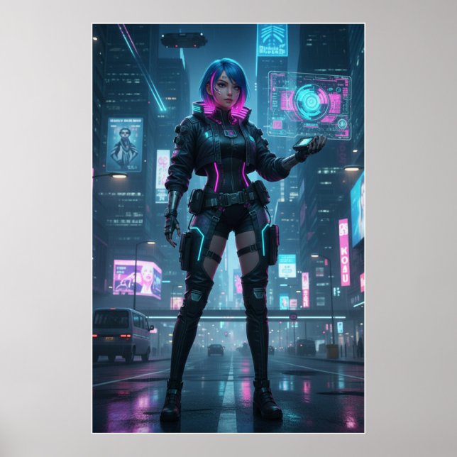 Neon Cyberpunk Operative – Futuristic City Poster  (Devant)