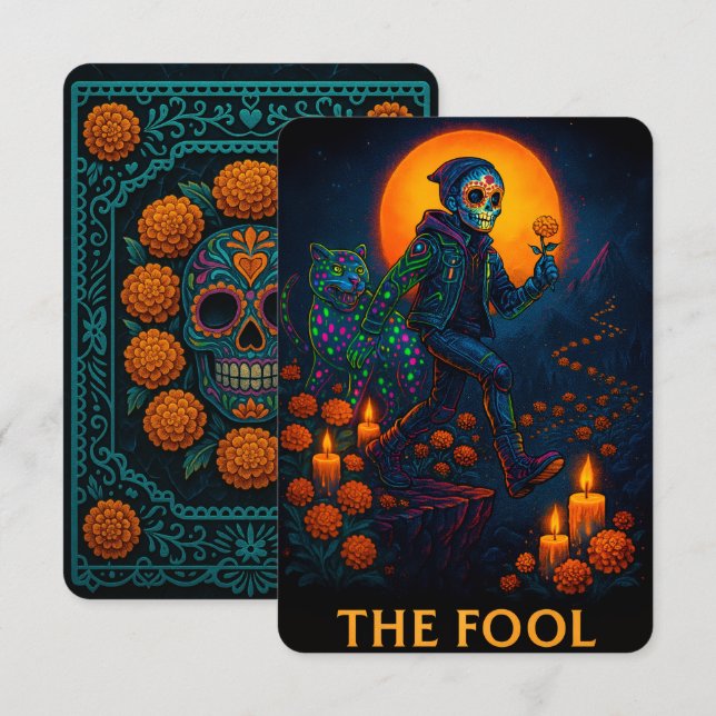 Neon Dia de los Muertos La carte Fool Tarot (Devant / Derrière)