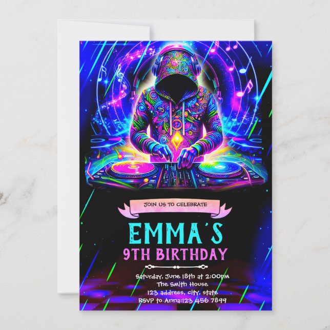 Neon DJ birthday party invitation (Devant)