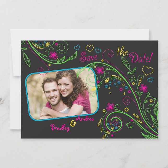Neon Floral Mariage Photo Enregistrer la carte Dat (Devant)