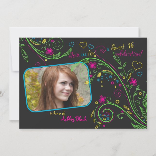 Neon Floral Photo Sweet 16 Anniversaire Invitation (Devant)