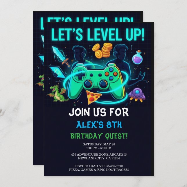 Neon Gamer Birthday Invitation Editable Template (Devant / Derrière)