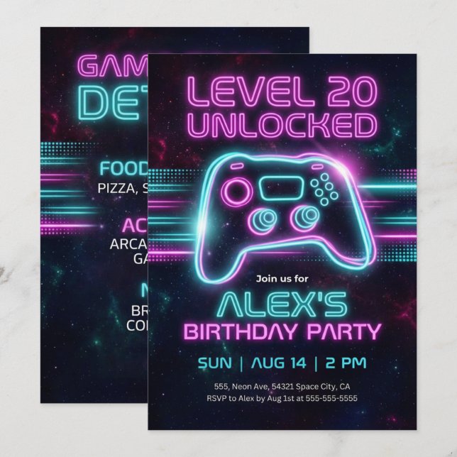 Neon Gamer Birthday Invitation Game for Teen Boy  (Devant / Derrière)