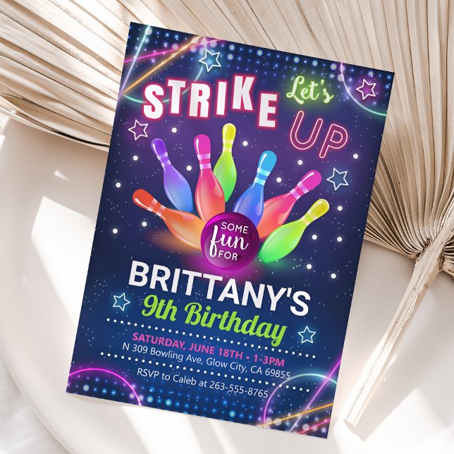 Neon Glow Bowling Anniversaire Invitation (Neon Glow Bowling Birthday Invitation)