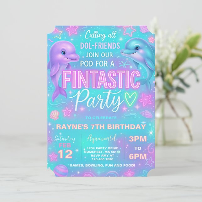 Neon Glow Dolphin Anniversaire Fête Invitation (Debout devant)