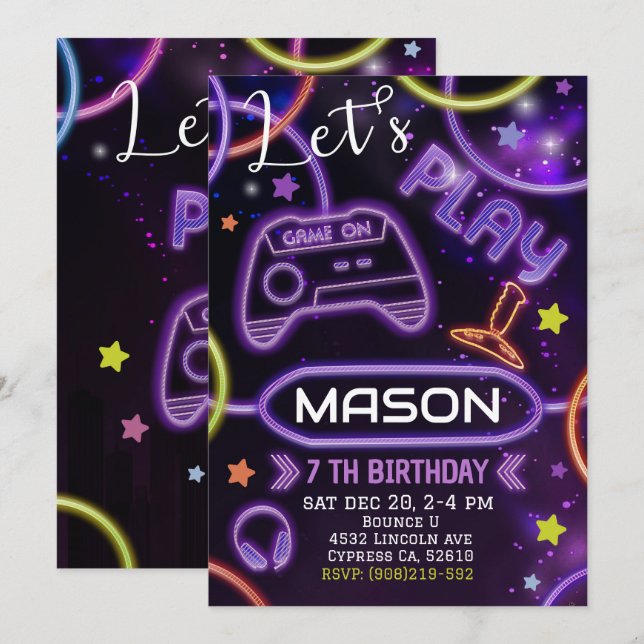 Neon Glow Gaming Invitation Anniversaire (Devant / Derrière)