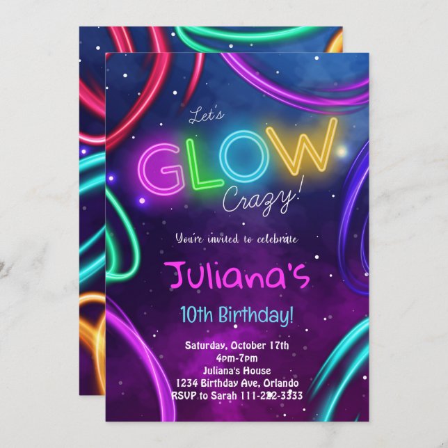 Neon Glow Girls Invitation de fête d'anniversaire (Devant / Derrière)