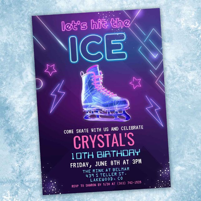 Neon Glow Ice Patinage Anniversaire Invitation (Créateur téléchargé)
