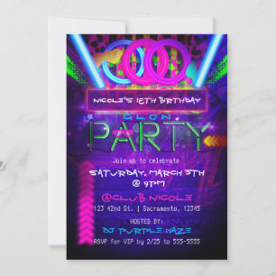 Neon Glow PARTY Birthday Club Événement Invitation