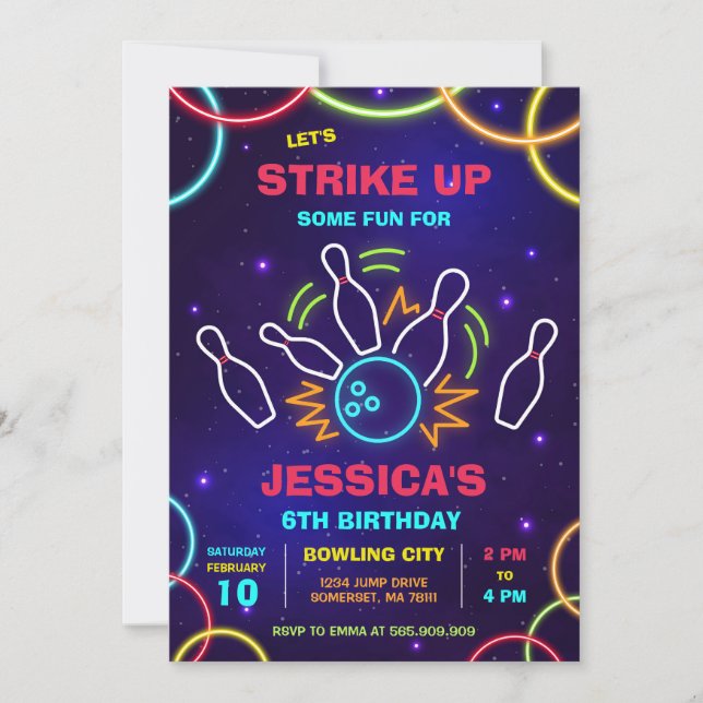 Neon Glow Party Bowling Birthday Invitation (Devant)