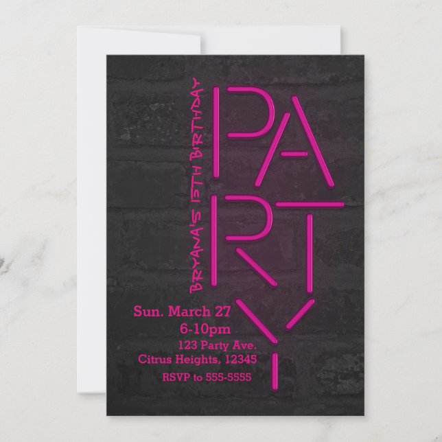 Neon Glow Pink PARTY Brick Wall Urbain Invitation (Devant)