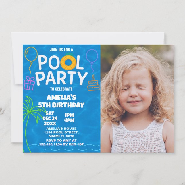 Neon Glow Pool Party Anniversaire Invitation (Devant)