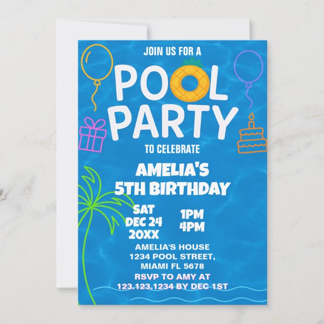 Neon Glow Pool Party Anniversaire Invitation (Devant)
